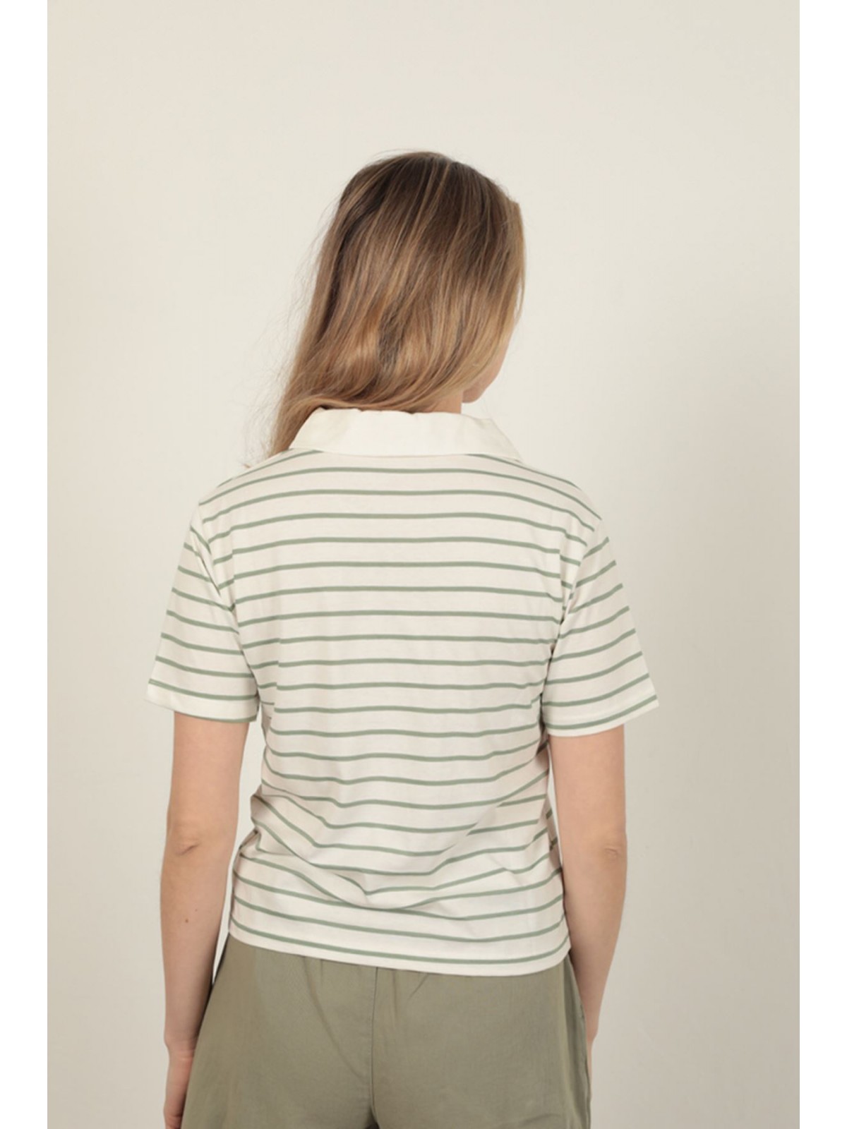 Süprem Kumaş Çizgili Kadın Tişört-Yeşil