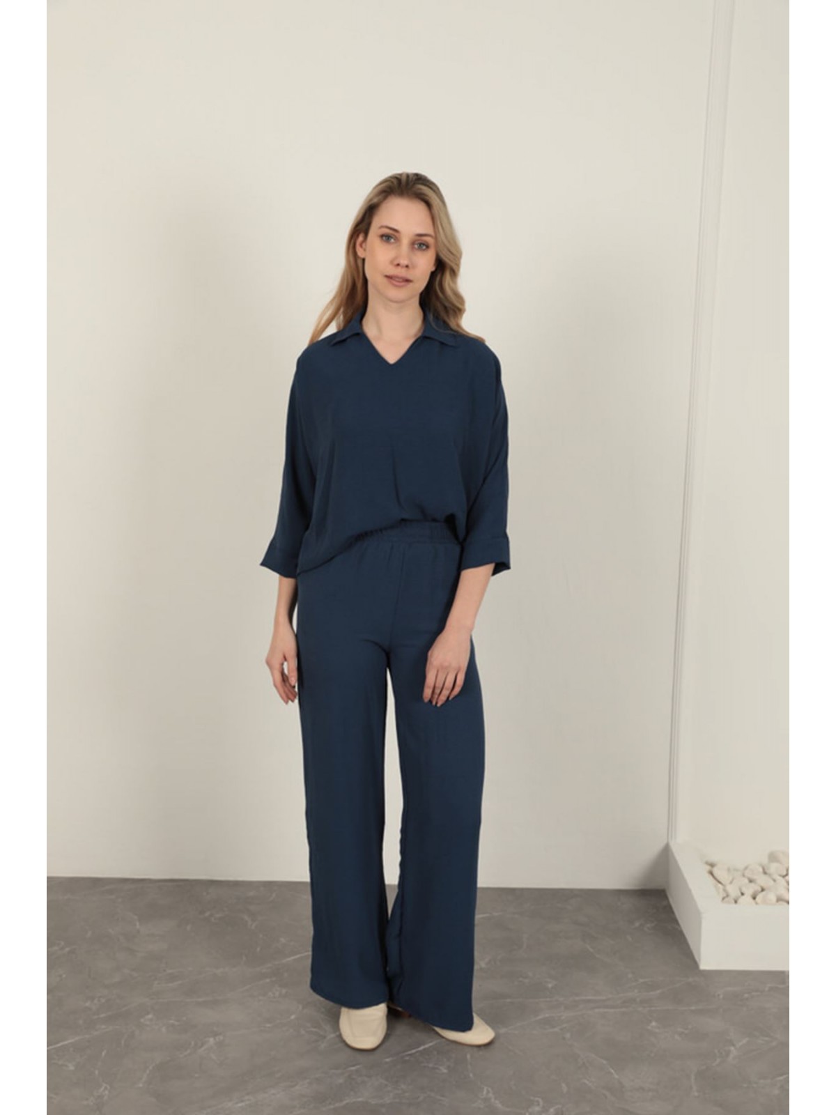 Aerobin Kumaş V Gömlek Yaka Kadın Gömlek-Lacivert