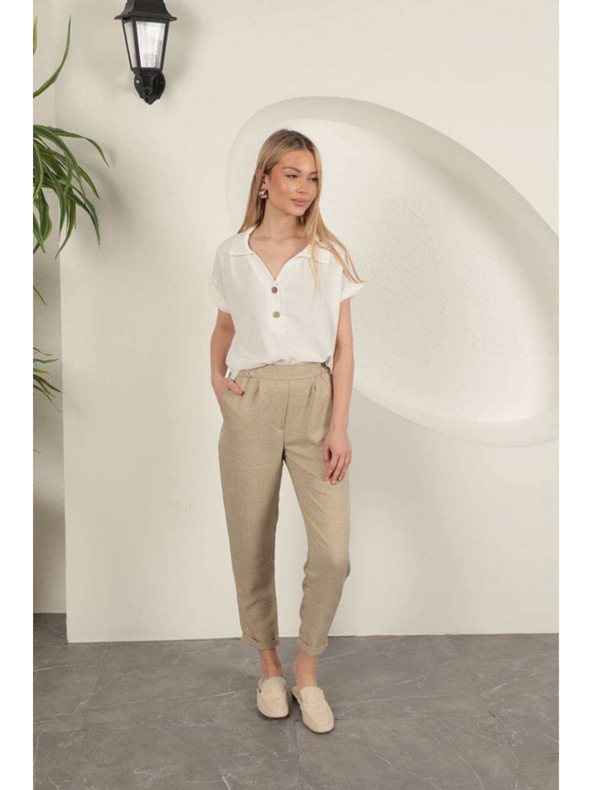 Sofia Keten Duble Paça Kadın Pantolon-Taş