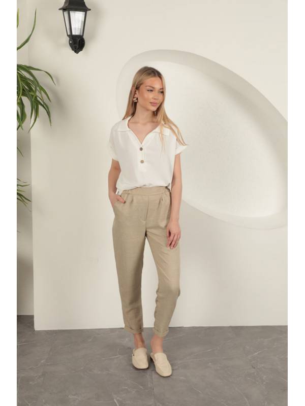 Sofia Keten Duble Paça Kadın Pantolon-Taş