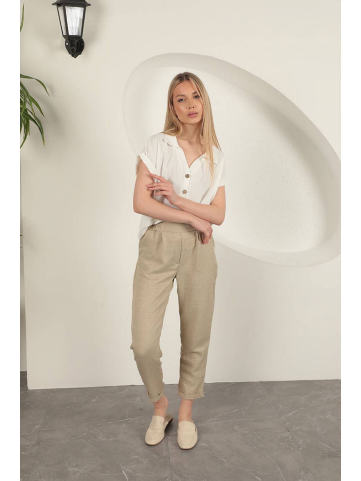 Sofia Keten Duble Paça Kadın Pantolon-Taş