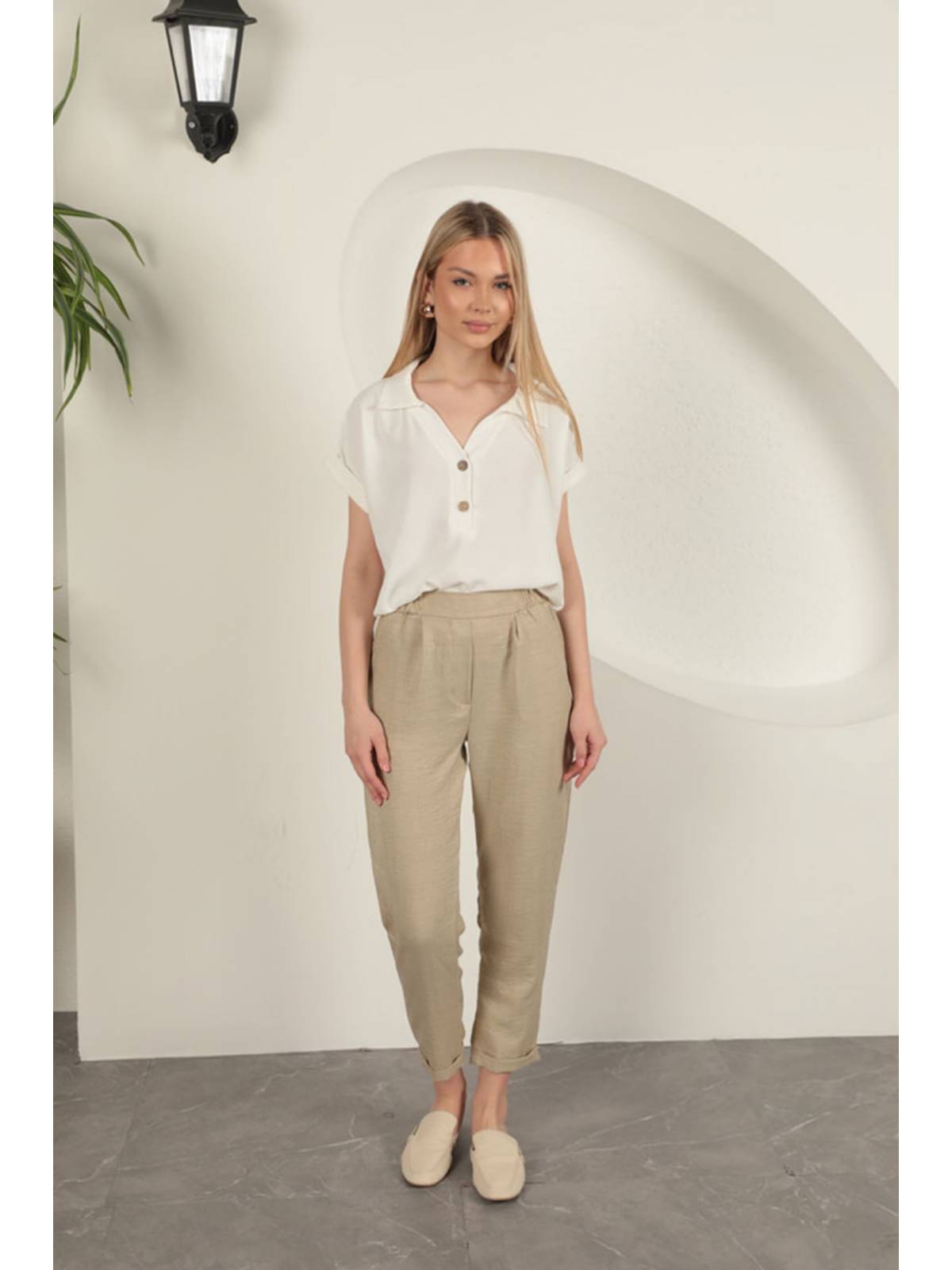 Sofia Keten Duble Paça Kadın Pantolon-Taş