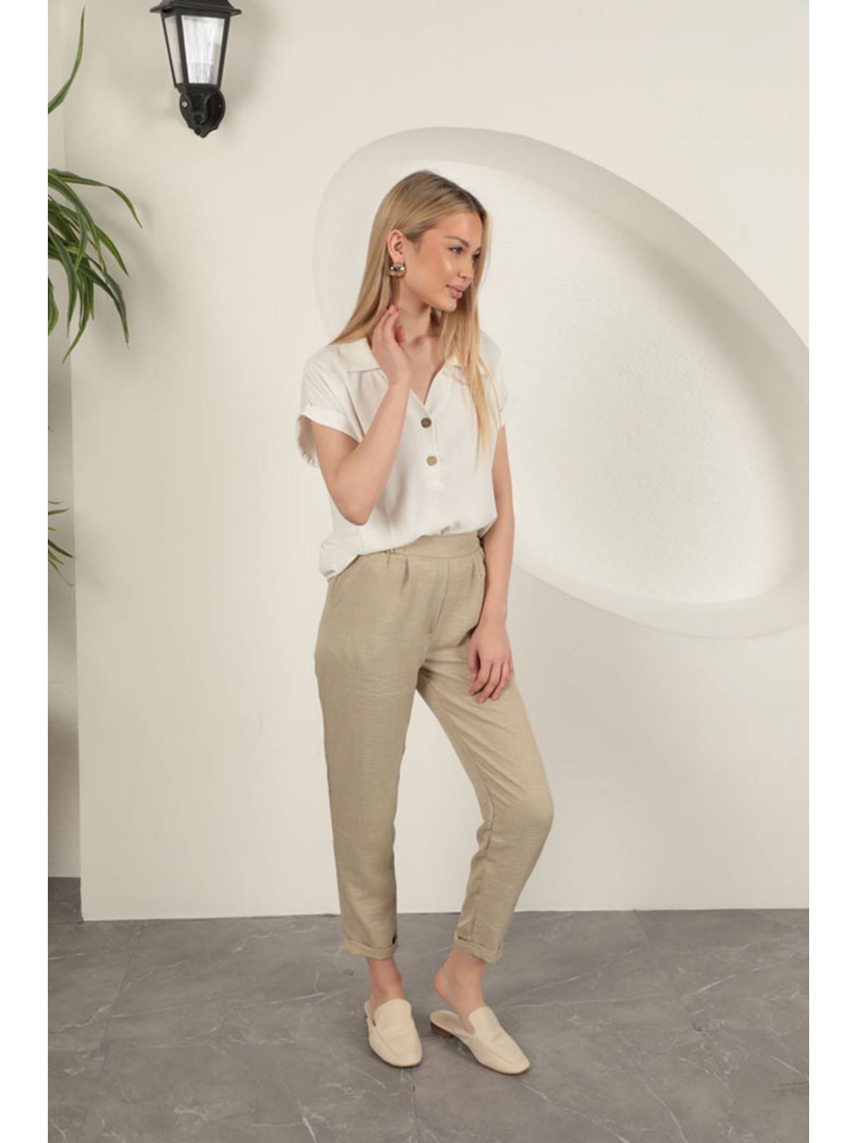 Sofia Keten Duble Paça Kadın Pantolon-Taş