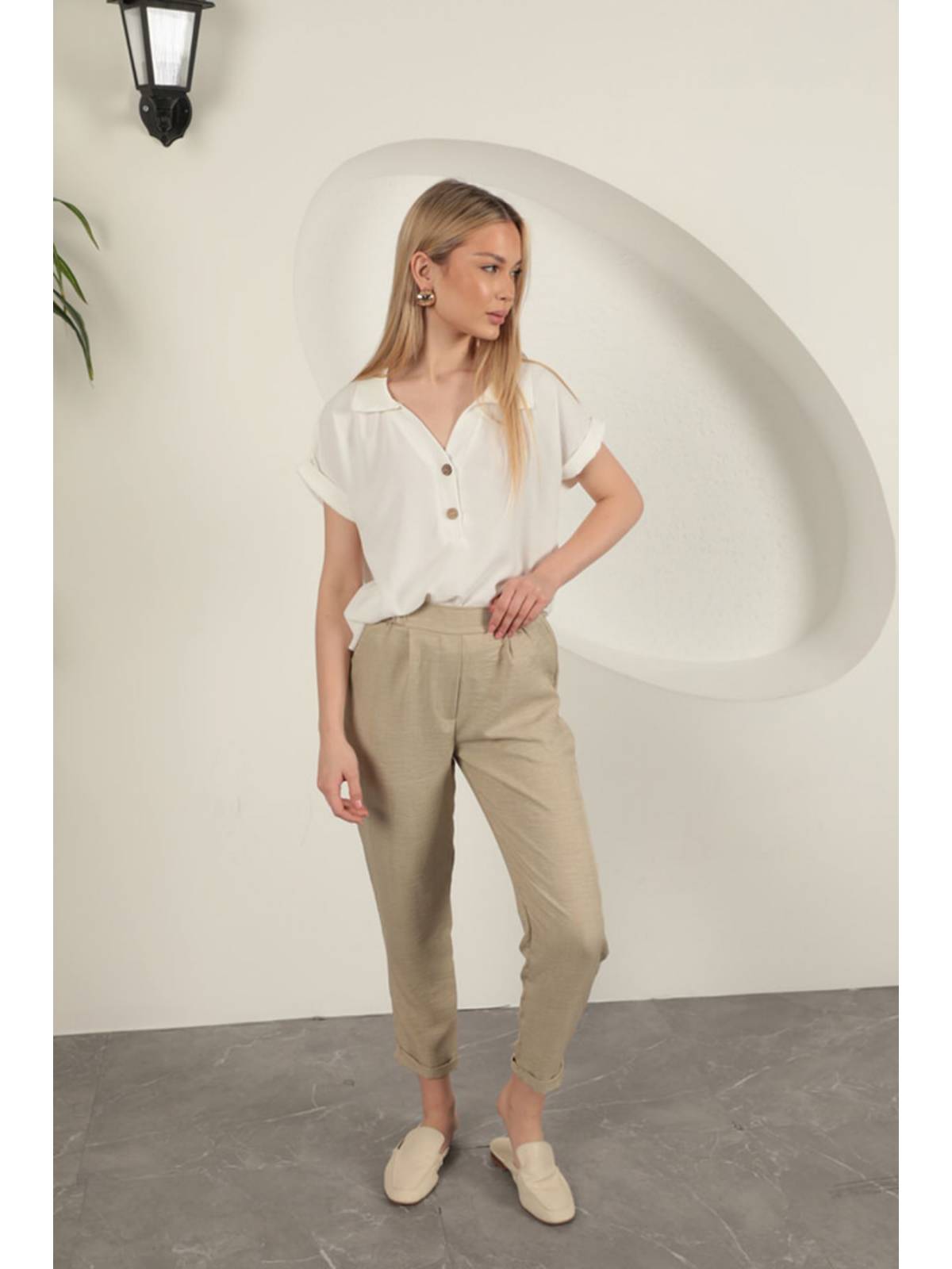 Sofia Keten Duble Paça Kadın Pantolon-Taş