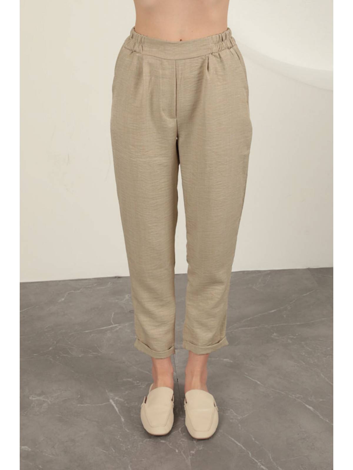 Sofia Keten Duble Paça Kadın Pantolon-Taş