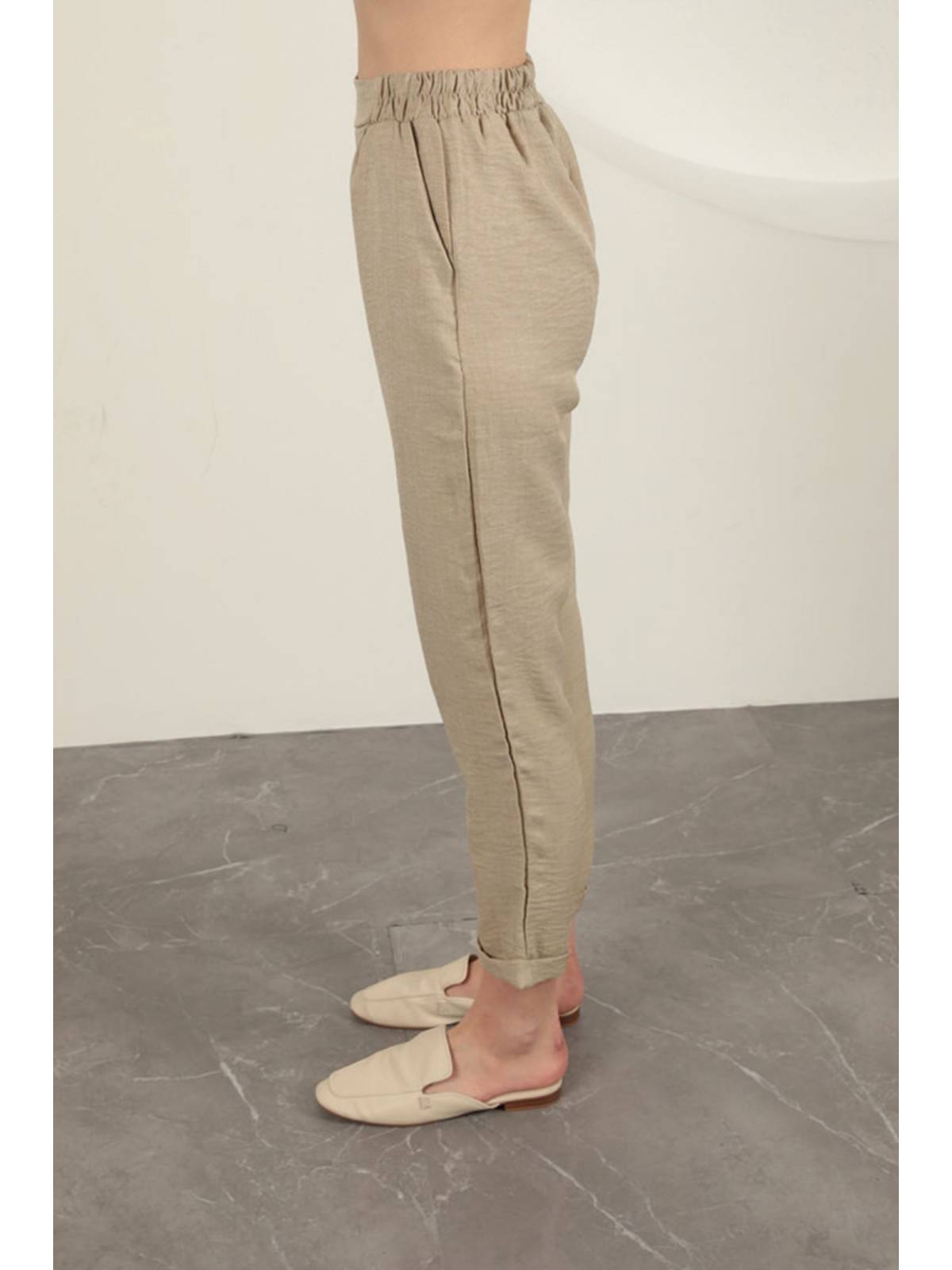 Sofia Keten Duble Paça Kadın Pantolon-Taş