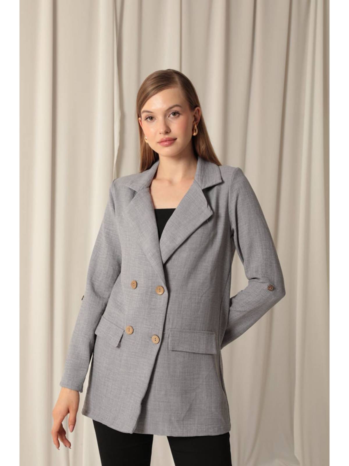 Melanj Keten Kumaş Kadın Gri Ceket