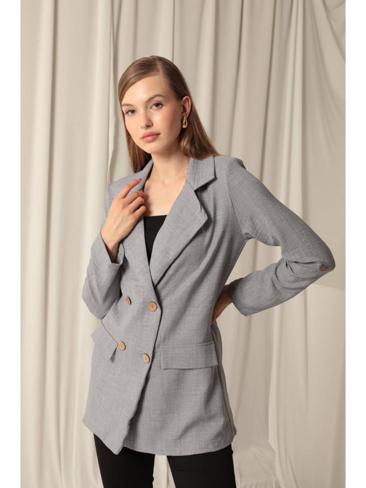 Melanj Keten Kumaş Kadın Gri Ceket