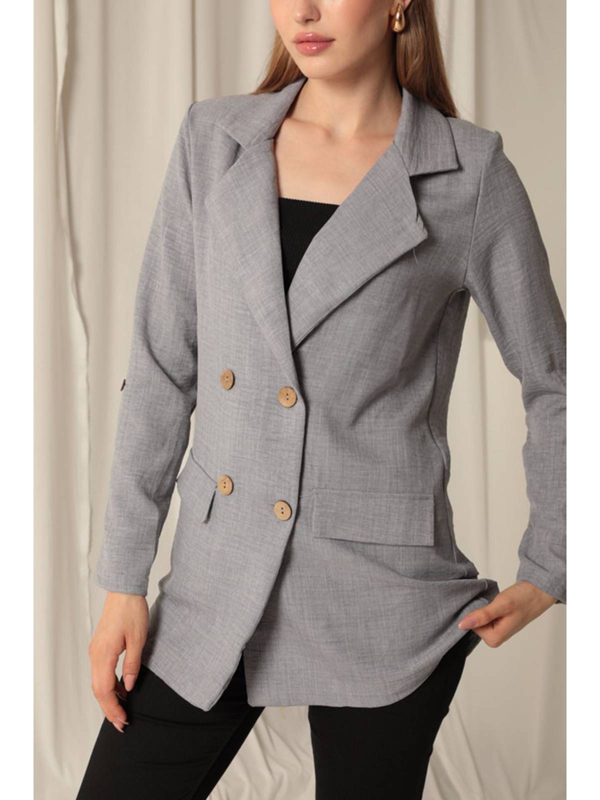 Melanj Keten Kumaş Kadın Gri Ceket