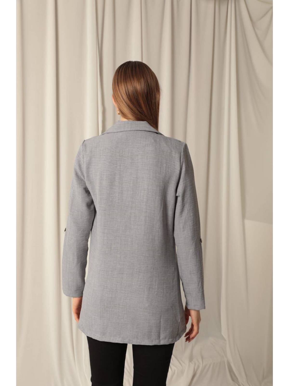 Melanj Keten Kumaş Kadın Gri Ceket