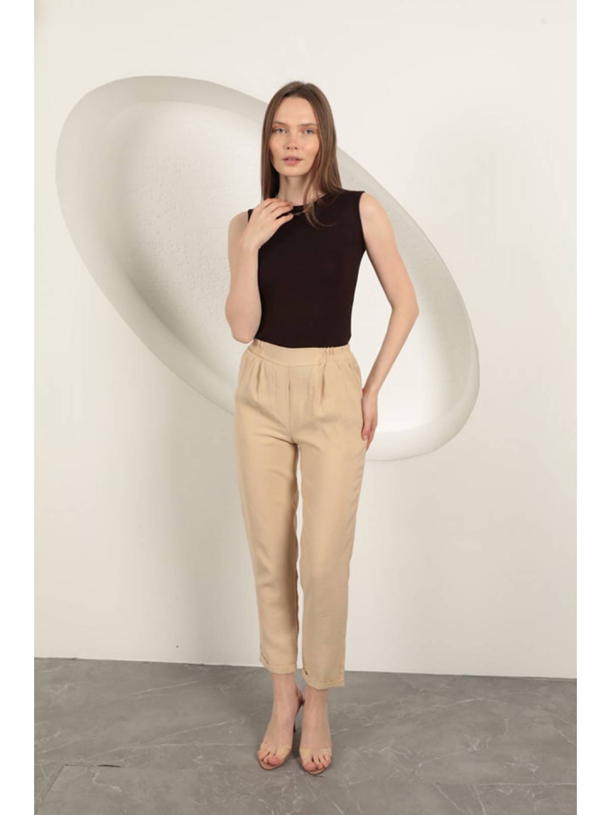 Modal Kumaş Duble Paça Kadın Pantolon-Bej