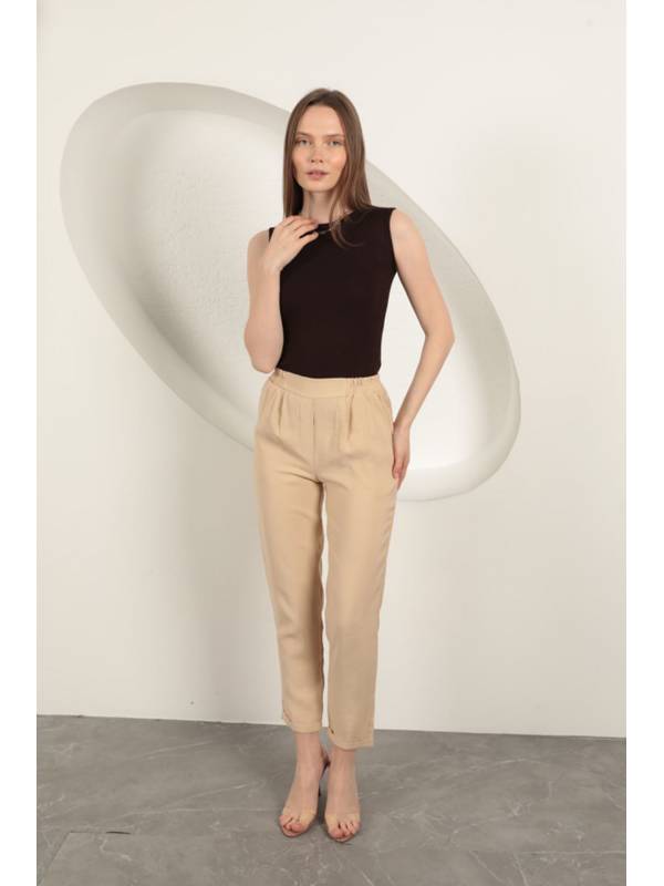 Modal Kumaş Duble Paça Kadın Pantolon-Bej