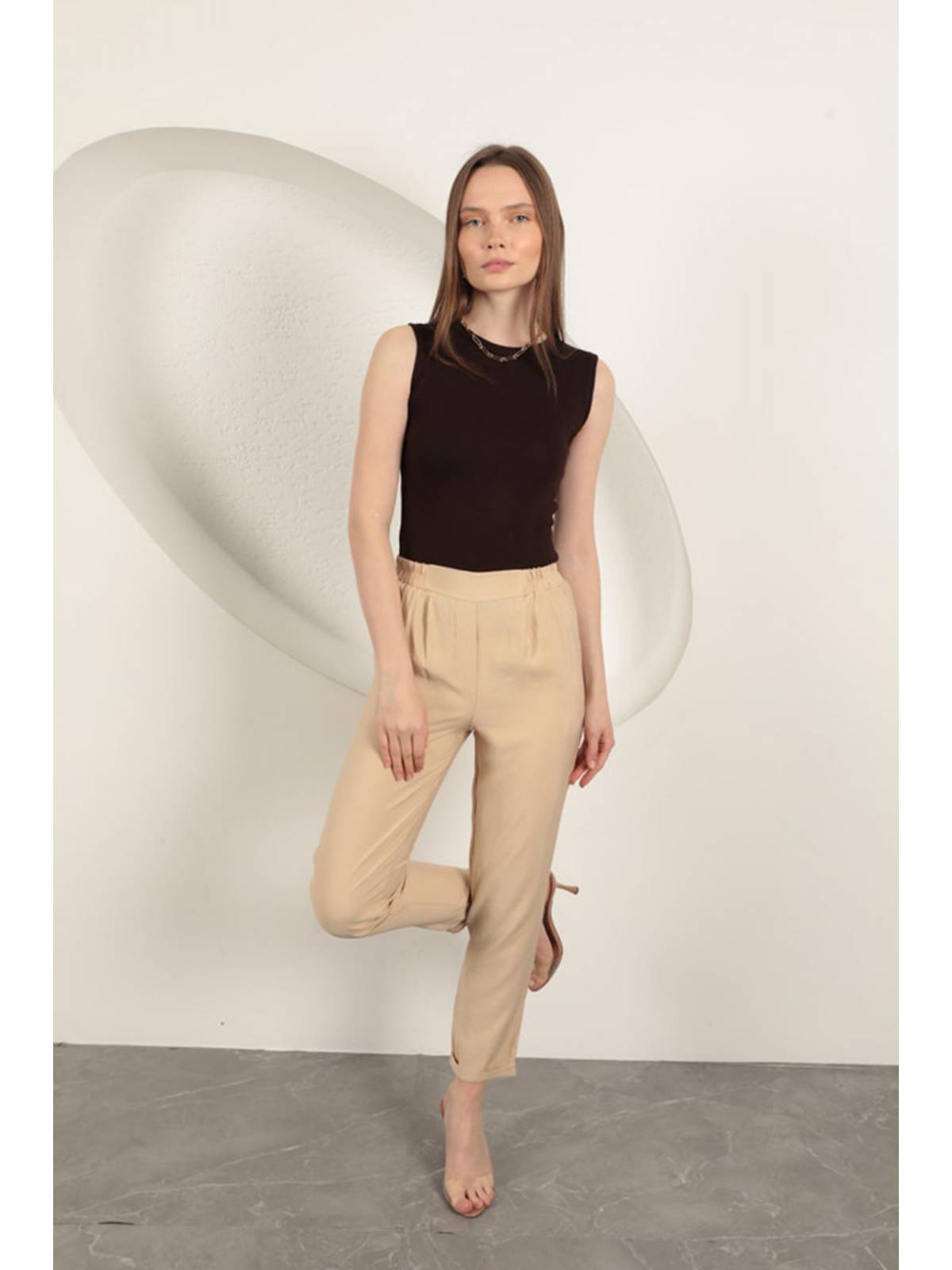 Modal Kumaş Duble Paça Kadın Pantolon-Bej