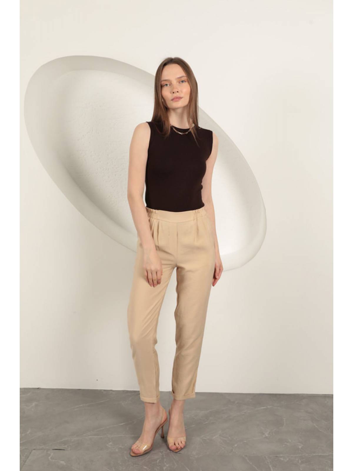 Modal Kumaş Duble Paça Kadın Pantolon-Bej