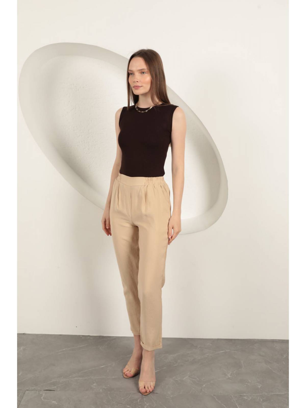 Modal Kumaş Duble Paça Kadın Pantolon-Bej
