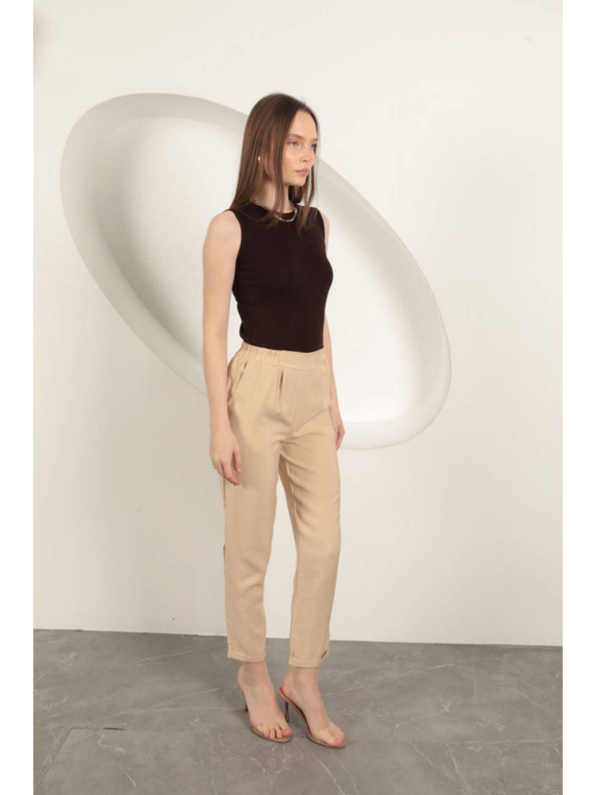 Modal Kumaş Duble Paça Kadın Pantolon-Bej