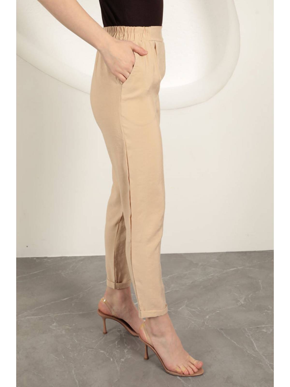 Modal Kumaş Duble Paça Kadın Pantolon-Bej