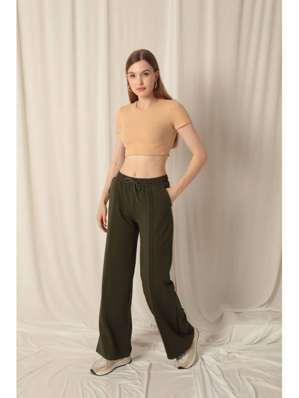 İki İplik Kumaş Nervürlü Kadın Haki Eşofman 