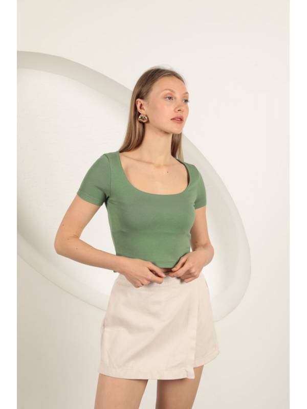 Çilek Viskon Kumaş U Yaka Bluz-Haki