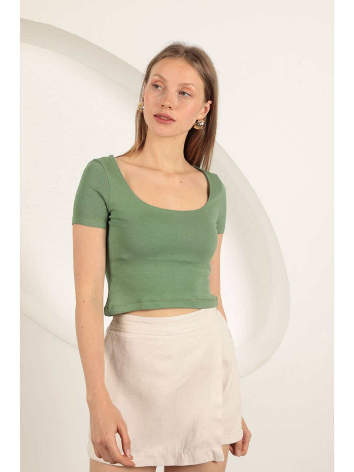 Çilek Viskon Kumaş U Yaka Bluz-Haki