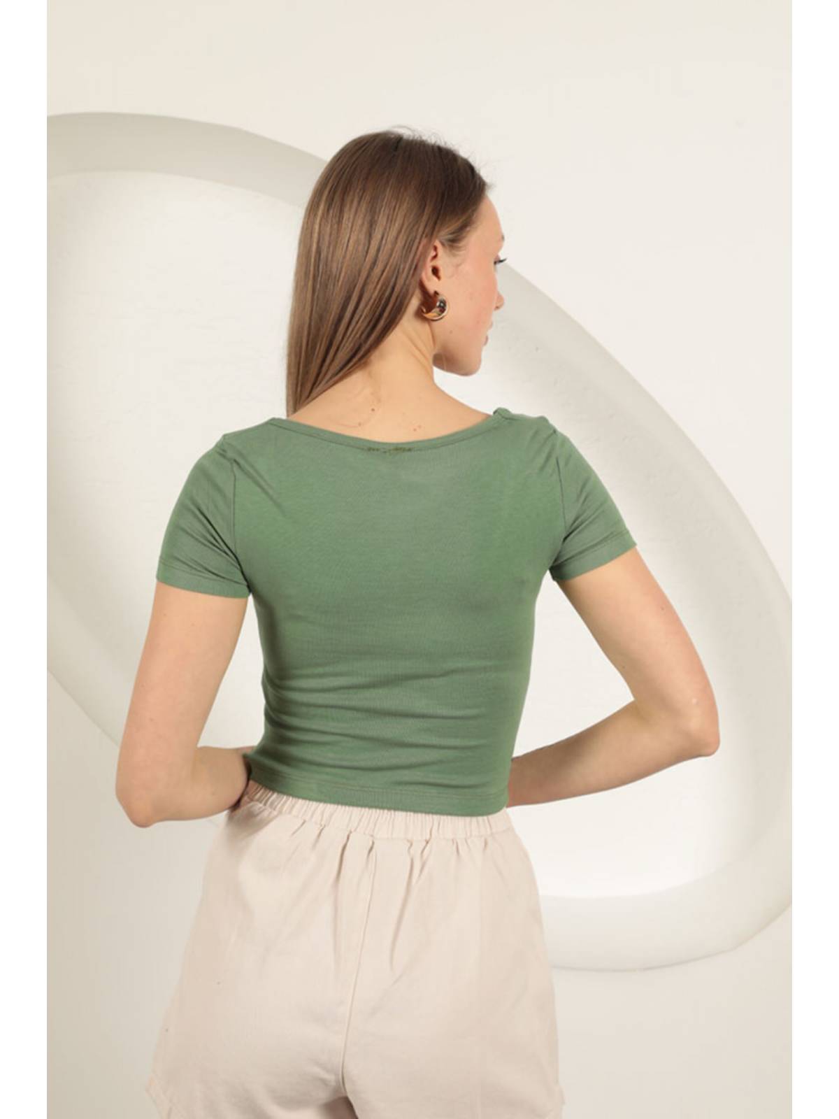 Çilek Viskon Kumaş U Yaka Bluz-Haki