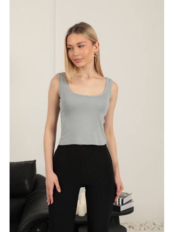 Çilek Viskon Kumaş Askılı Crop-Gri