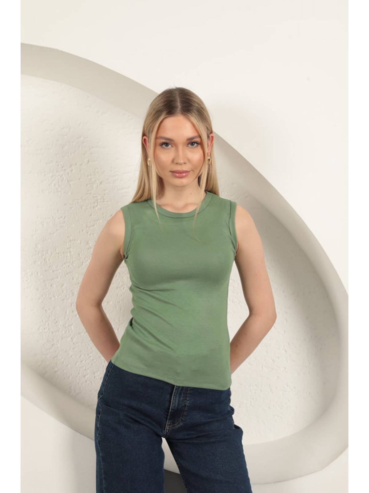 Çilek Viskon Kumaş Basic Bluz-Haki