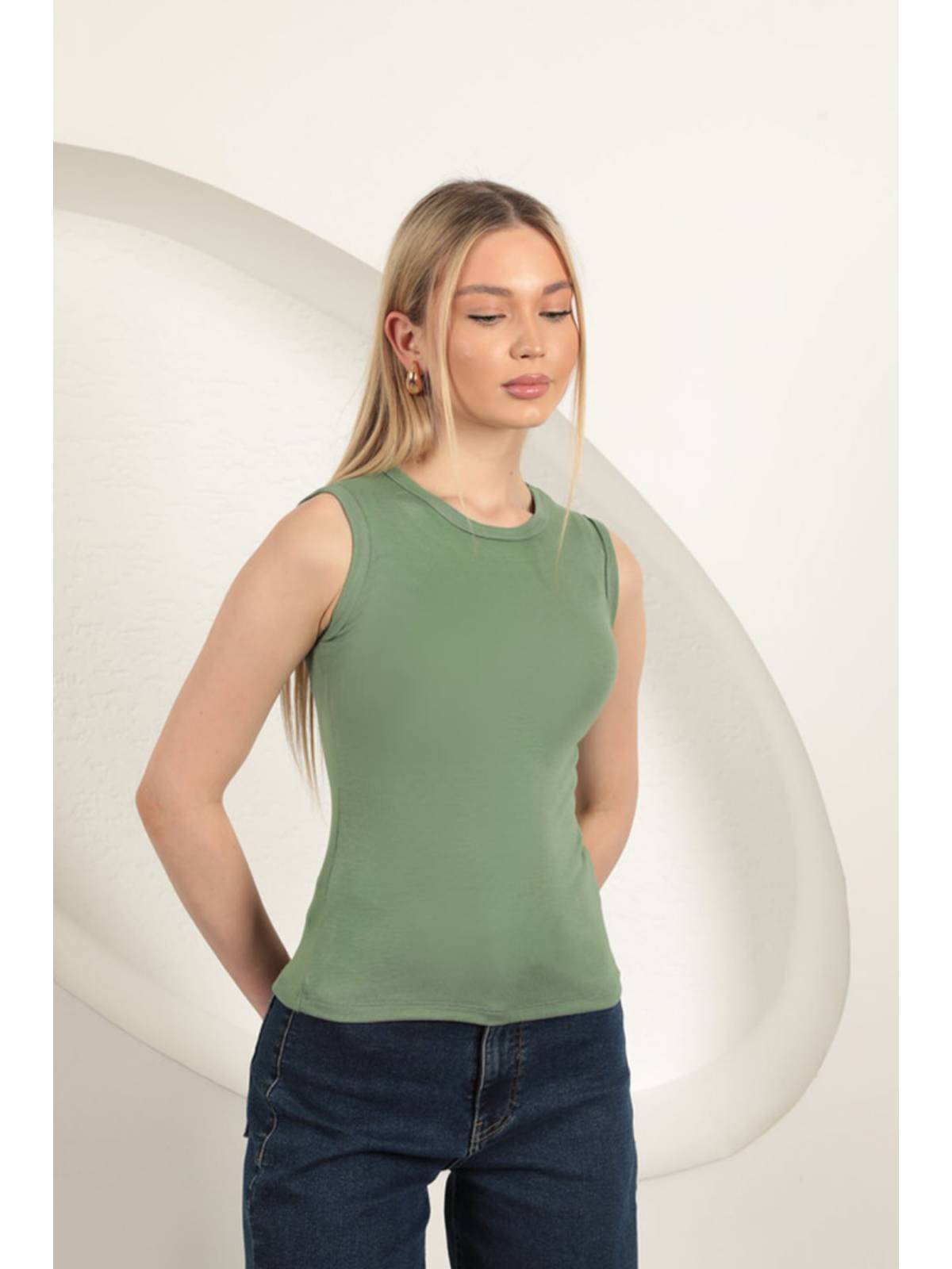 Çilek Viskon Kumaş Basic Bluz-Haki