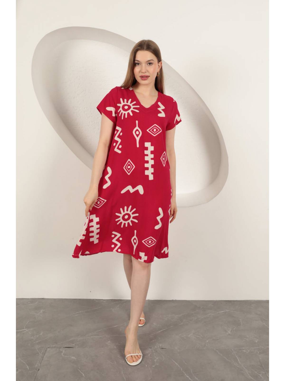 Viskon Kumaş Etnik Elbise-Fuşya