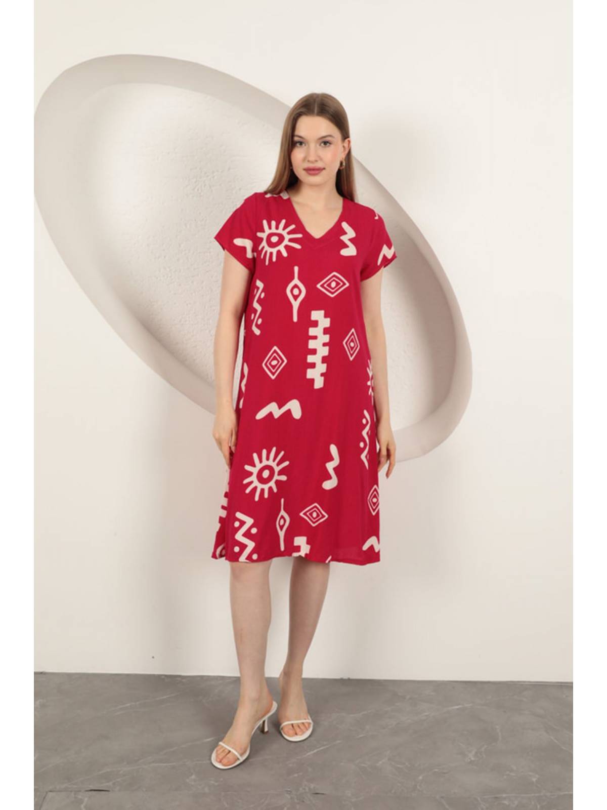 Viskon Kumaş Etnik Elbise-Fuşya