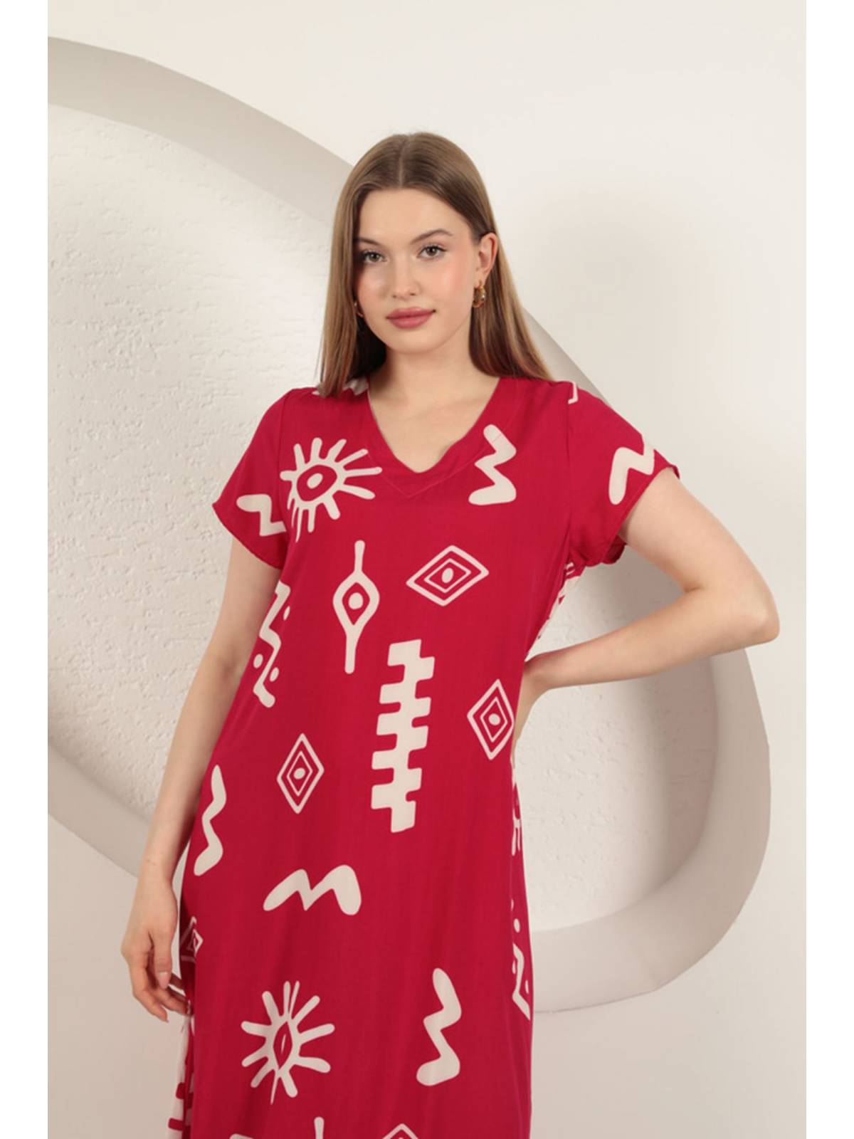 Viskon Kumaş Etnik Elbise-Fuşya