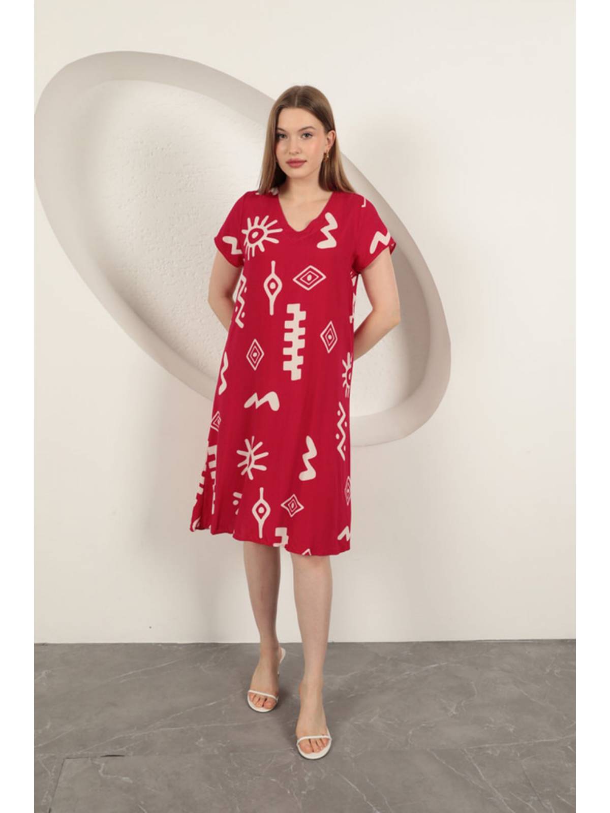 Viskon Kumaş Etnik Elbise-Fuşya