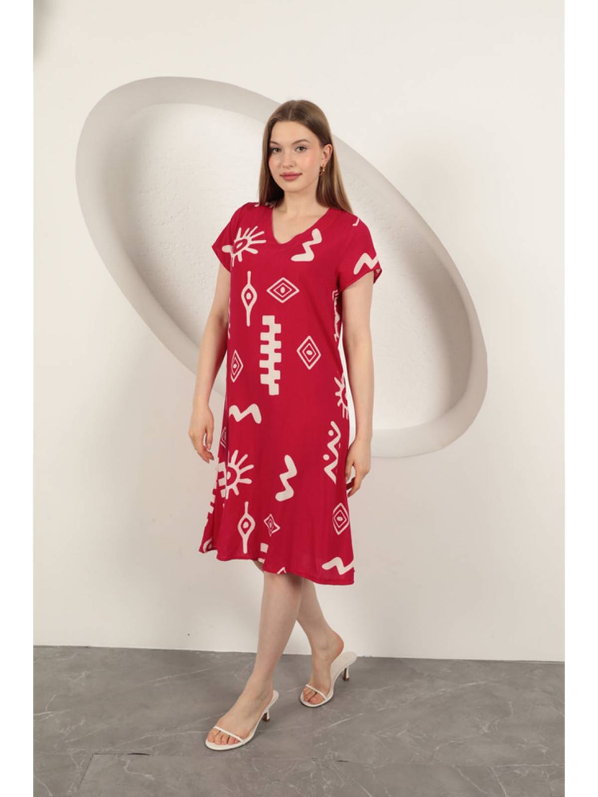 Viskon Kumaş Etnik Elbise-Fuşya