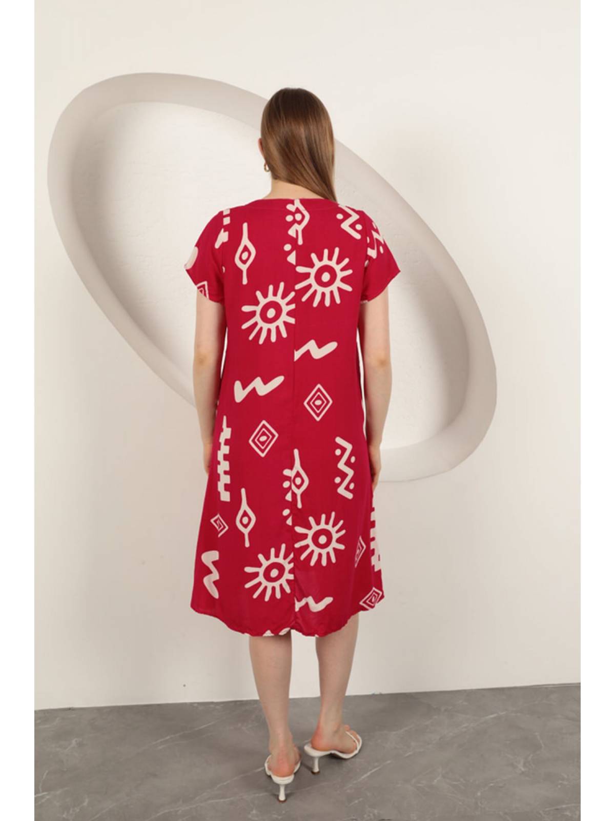 Viskon Kumaş Etnik Elbise-Fuşya