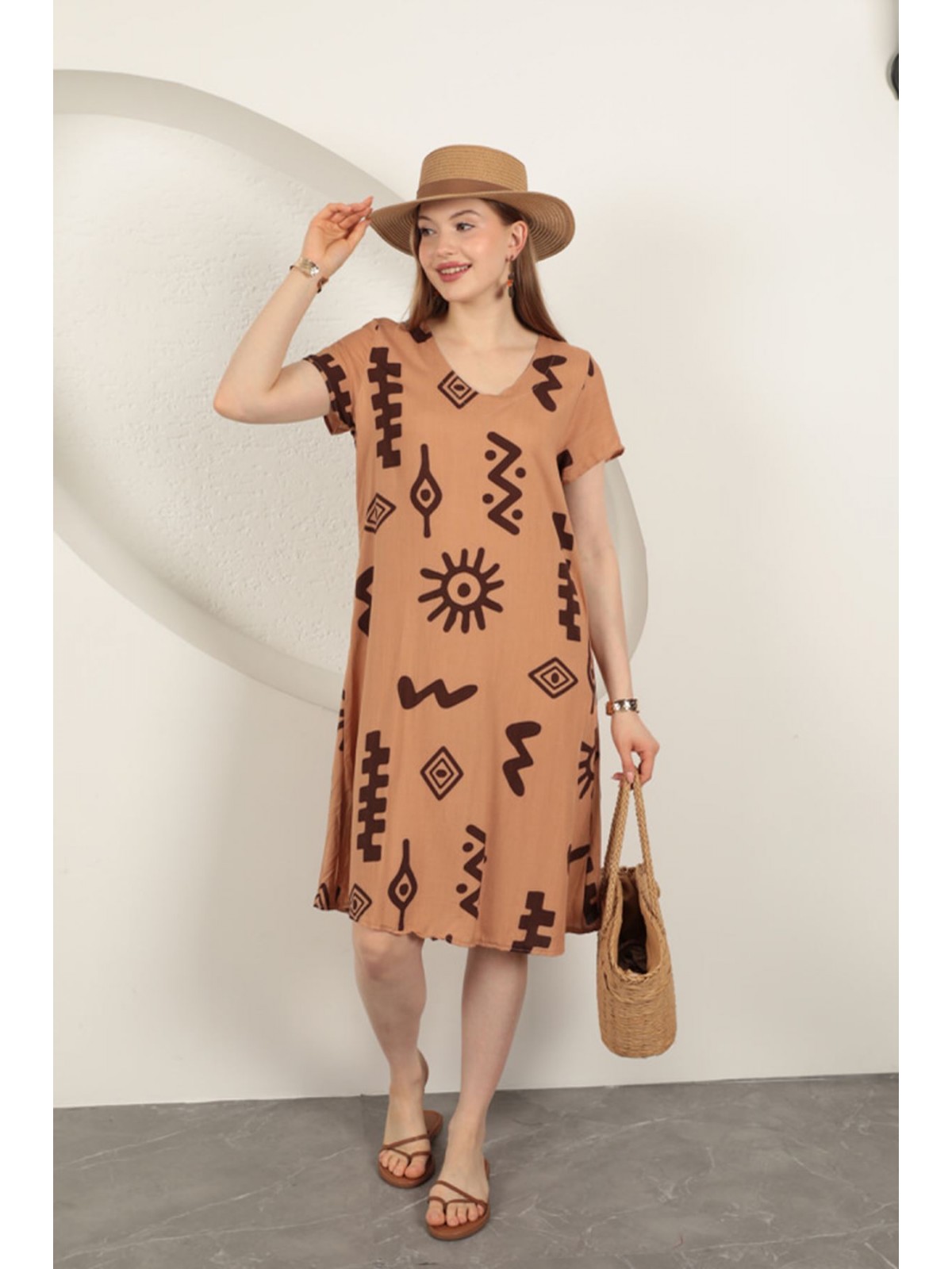 Viskon Kumaş Etnik Elbise-Taba