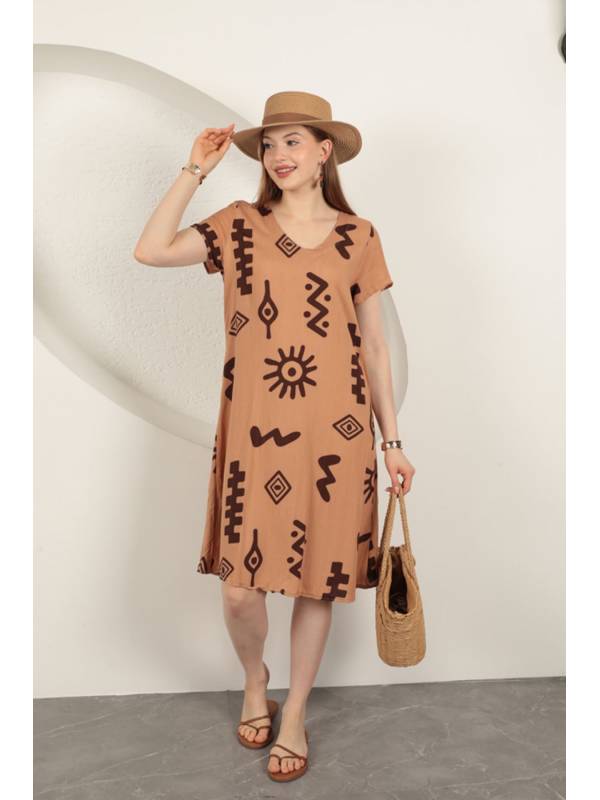 Viskon Kumaş Etnik Elbise-Taba