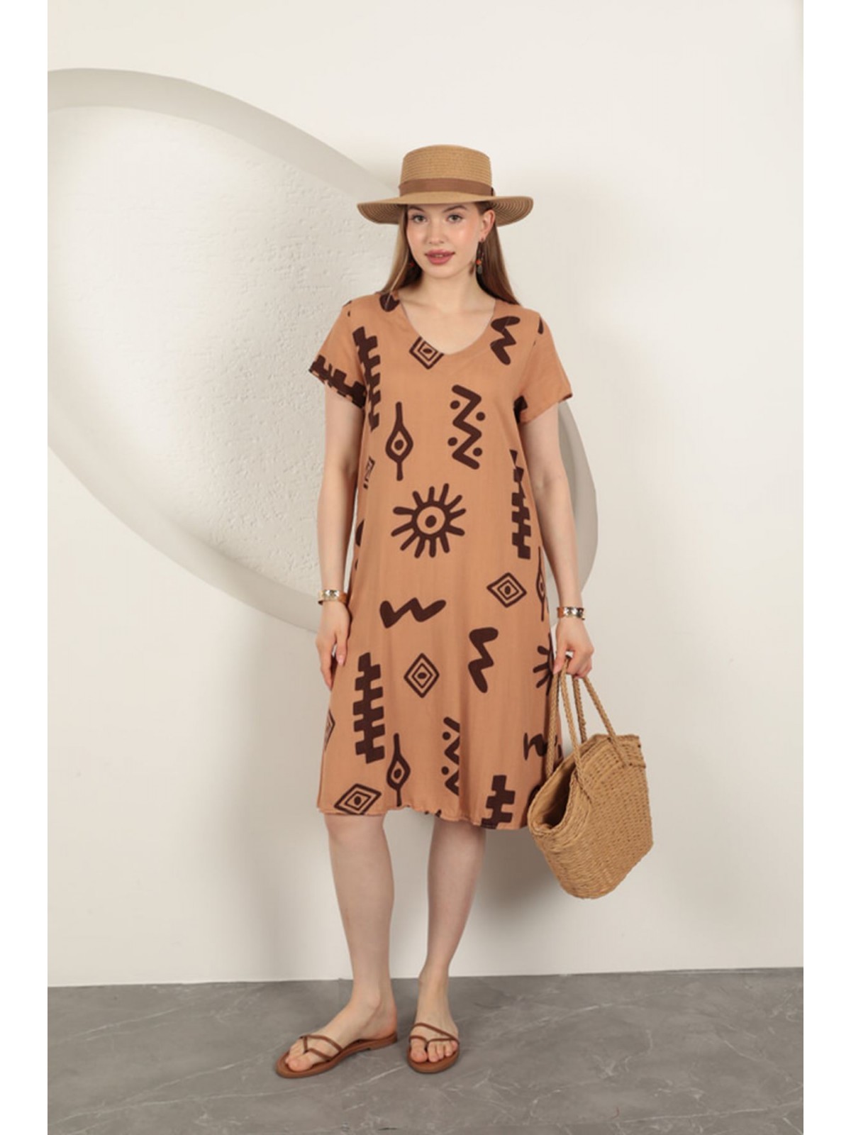 Viskon Kumaş Etnik Elbise-Taba