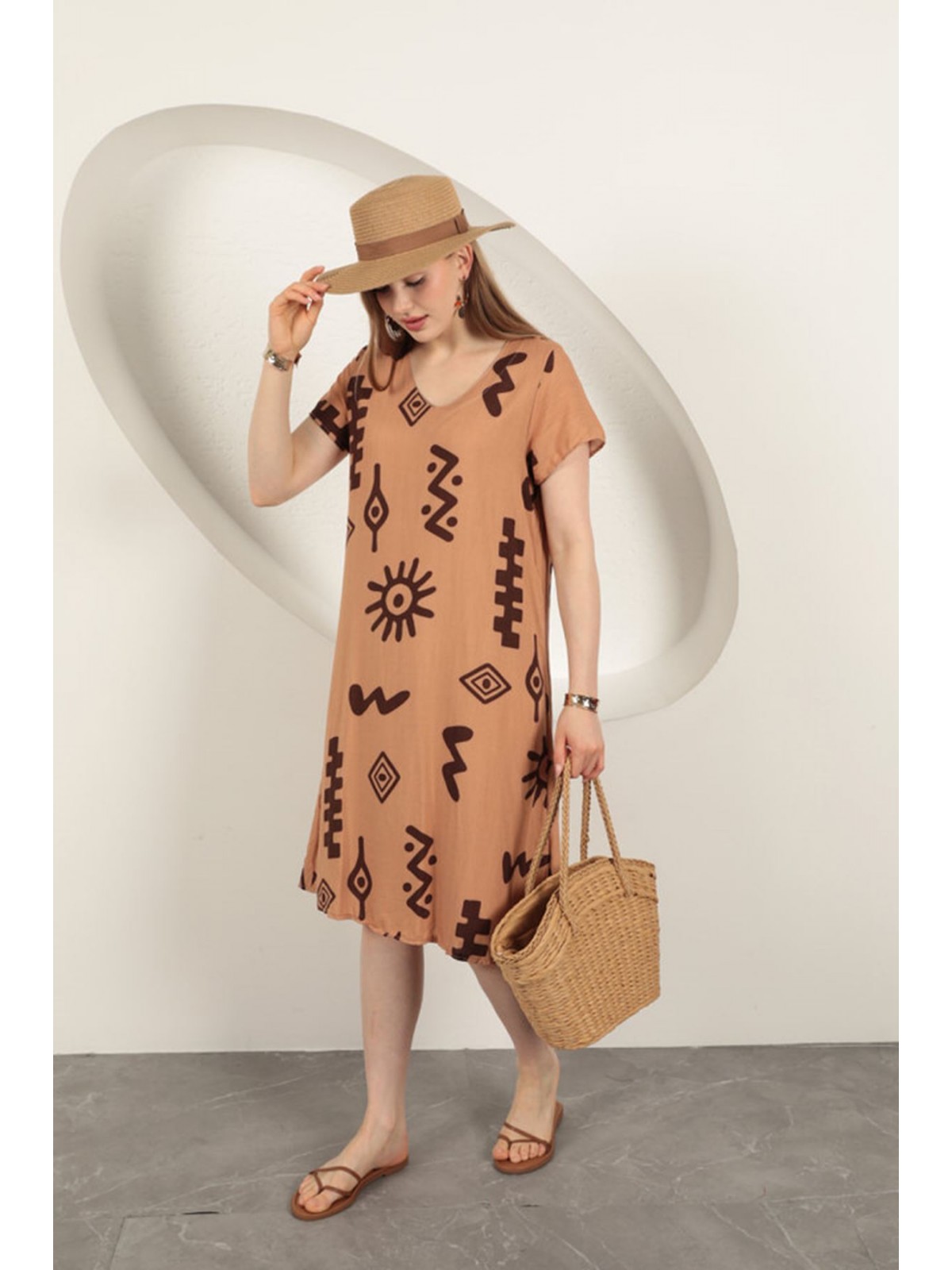 Viskon Kumaş Etnik Elbise-Taba