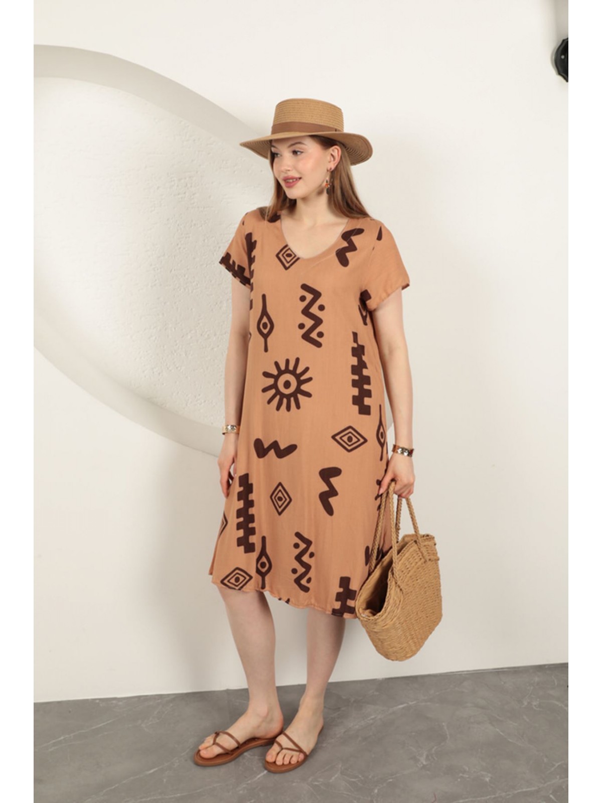 Viskon Kumaş Etnik Elbise-Taba