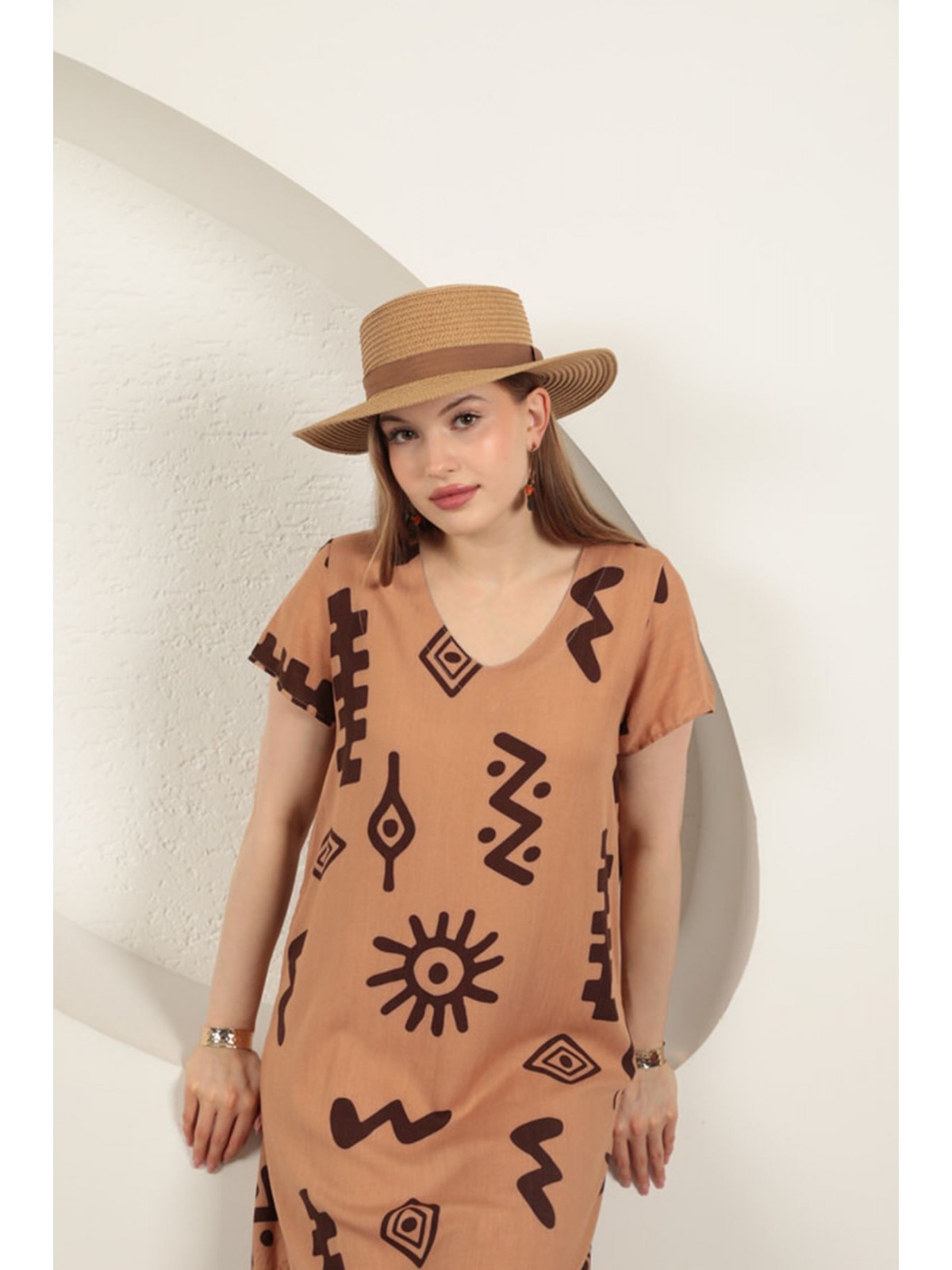 Viskon Kumaş Etnik Elbise-Taba