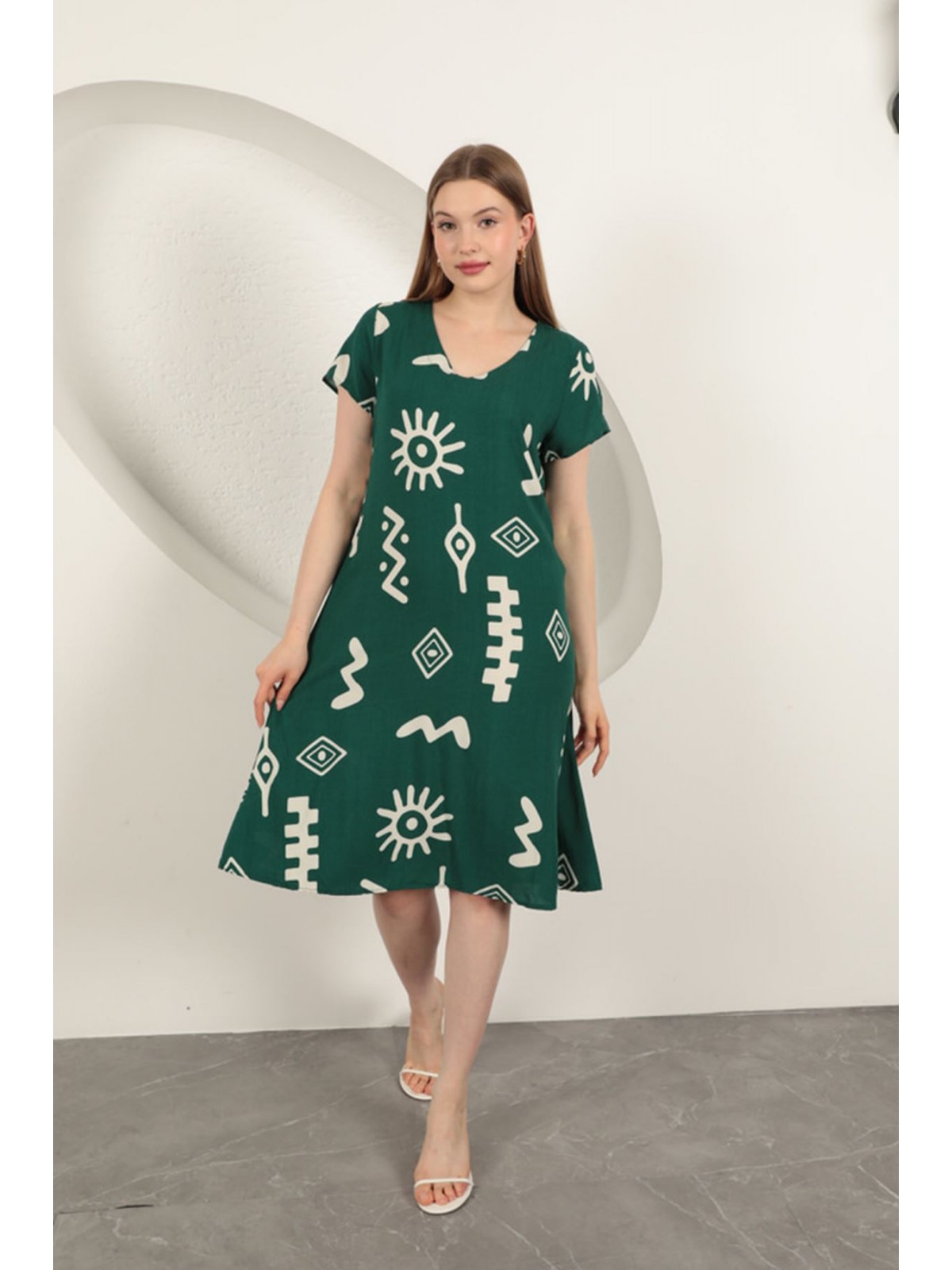 Viskon Kumaş Etnik Elbise-Yeşil
