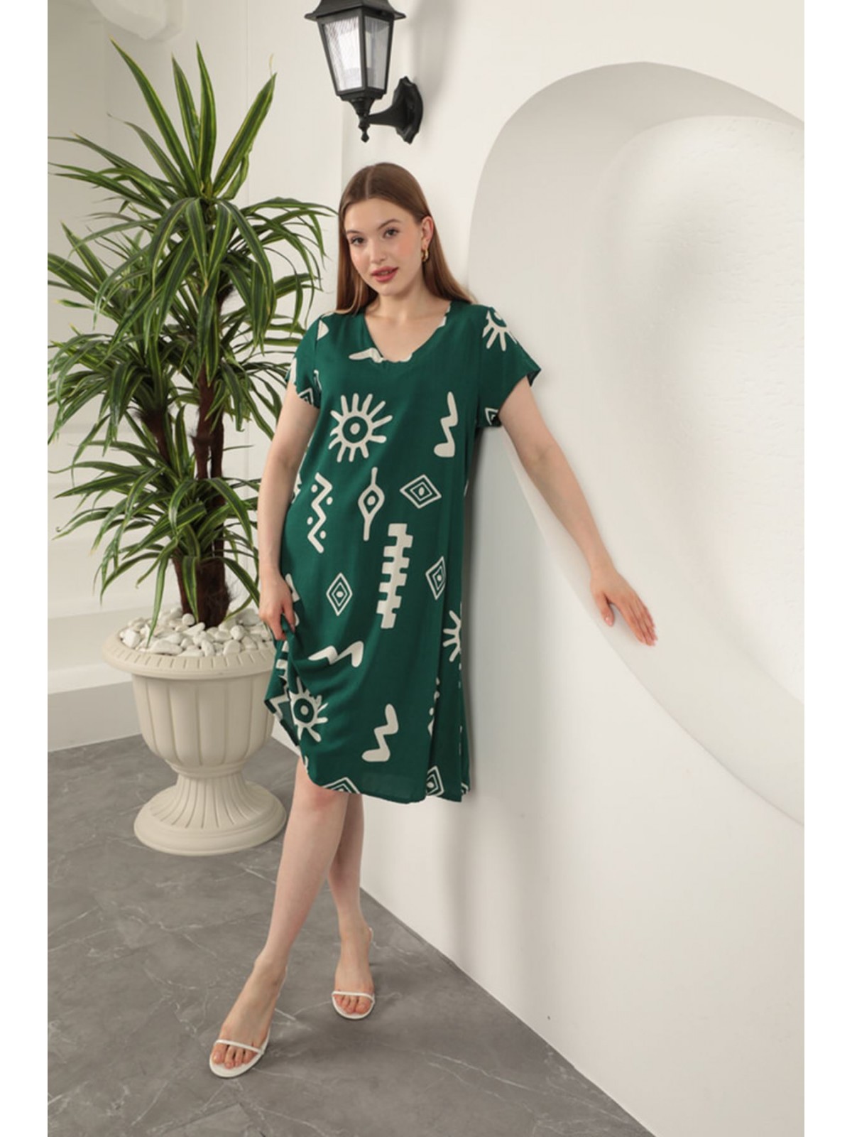 Viskon Kumaş Etnik Elbise-Yeşil