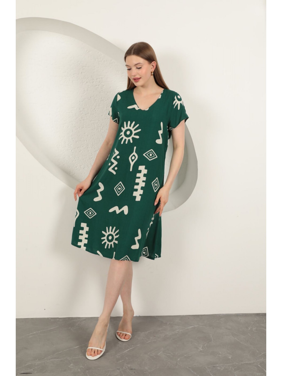 Viskon Kumaş Etnik Elbise-Yeşil