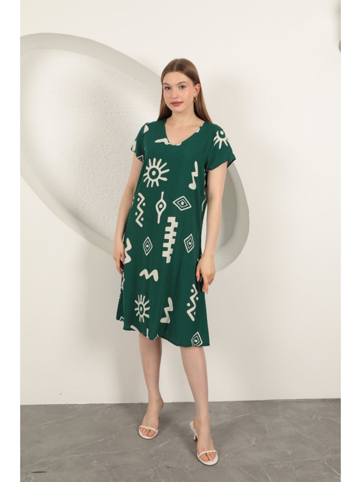 Viskon Kumaş Etnik Elbise-Yeşil