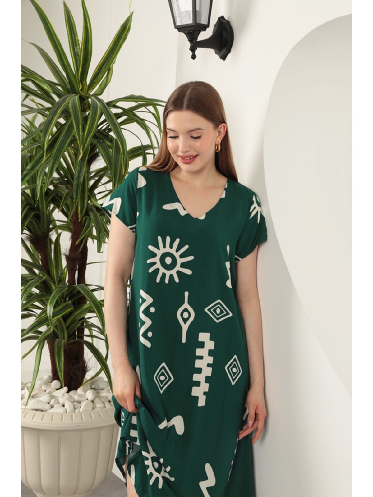 Viskon Kumaş Etnik Elbise-Yeşil