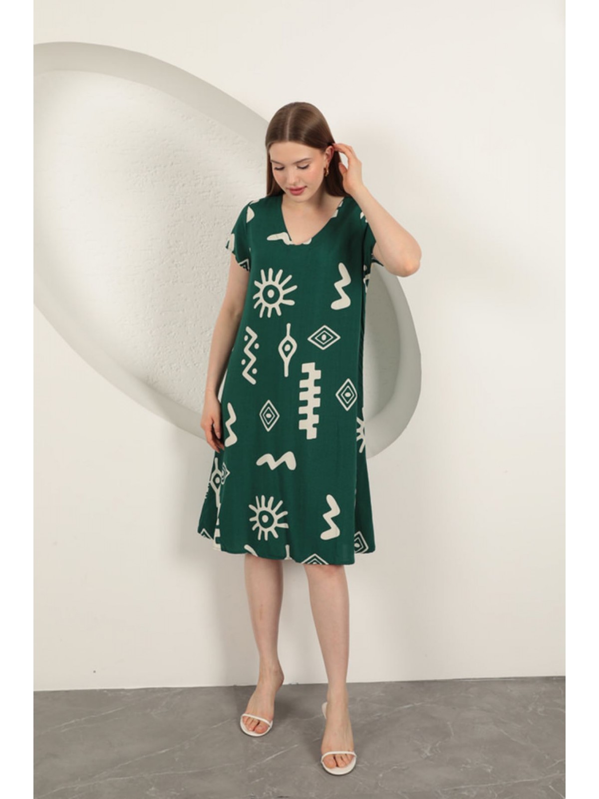 Viskon Kumaş Etnik Elbise-Yeşil