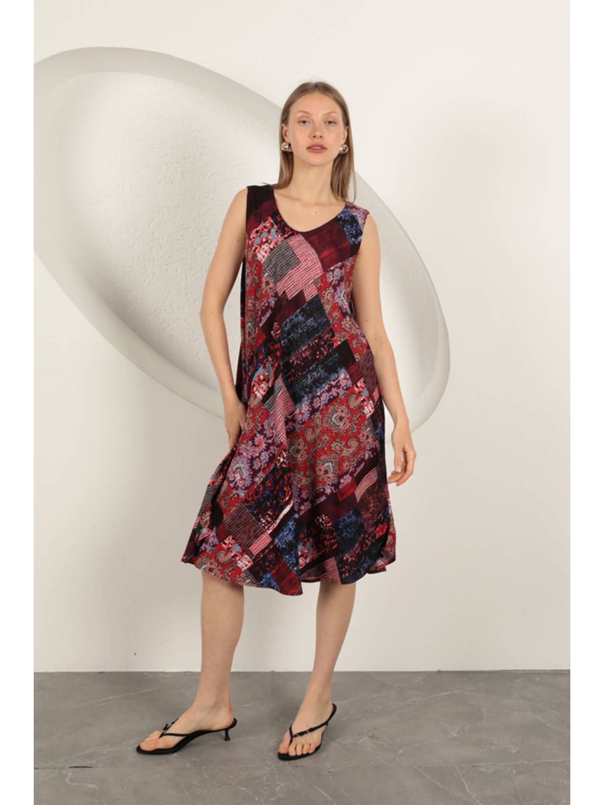 Viskon Kumaş Etnik Desenli Elbise-Bordo