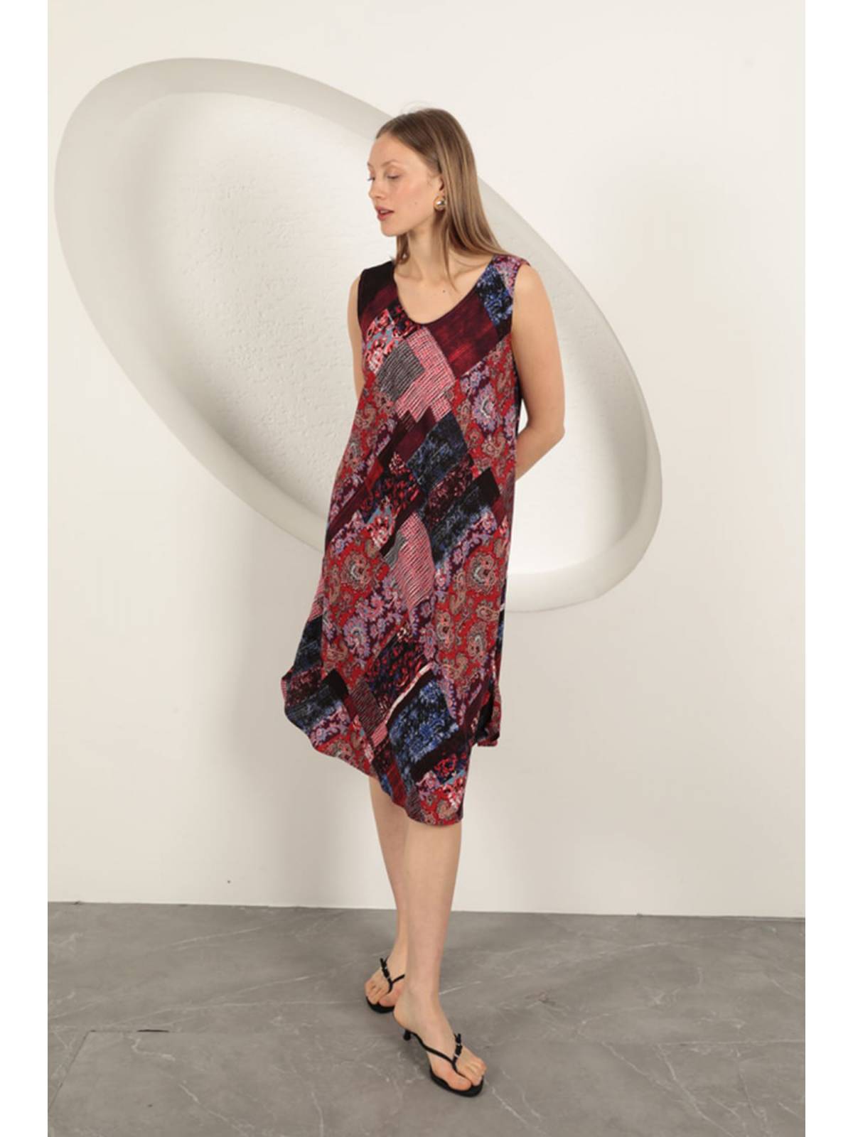 Viskon Kumaş Etnik Desenli Elbise-Bordo