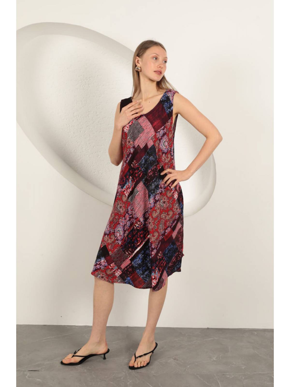 Viskon Kumaş Etnik Desenli Elbise-Bordo