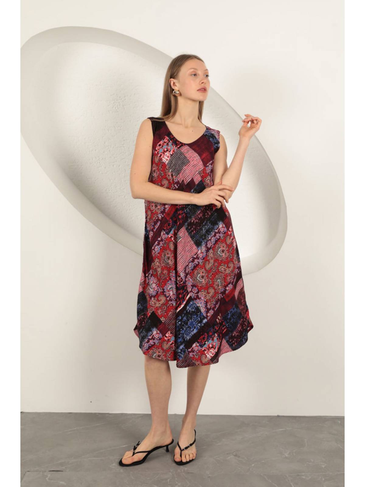 Viskon Kumaş Etnik Desenli Elbise-Bordo